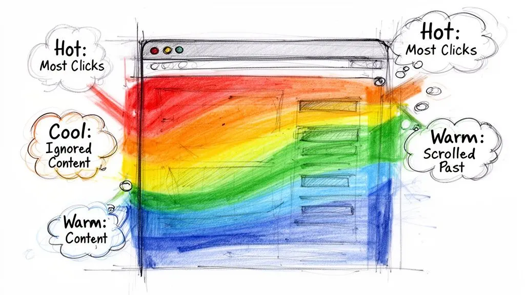 A hand-drawn sketch illustrating a heatmap on a webpage showing different color-coded engagement levels and interactions.