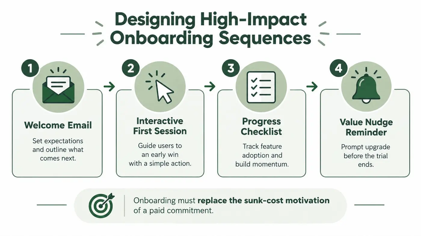 A four-step infographic illustrating a high-impact user onboarding sequence for software products to boost engagement.