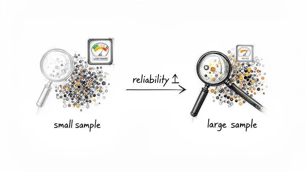Visual comparing small and large samples, demonstrating increased reliability with larger sample sizes.