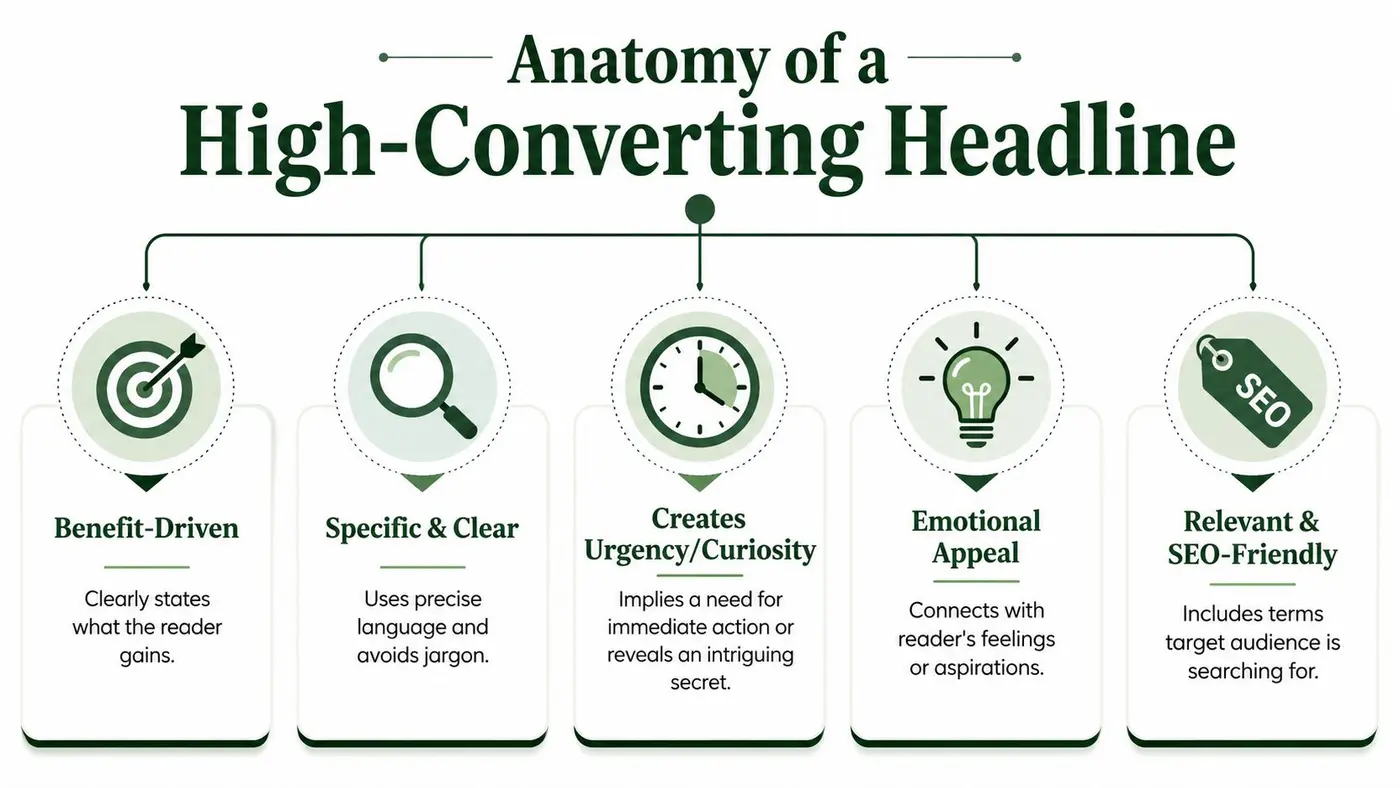 An infographic titled Anatomy of a High-Converting Headline highlighting five key elements for successful article writing.