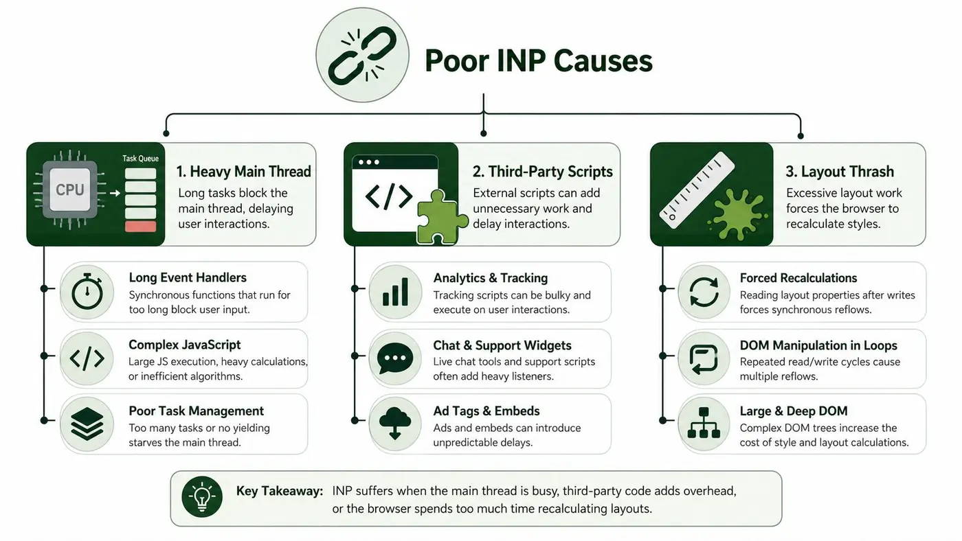An infographic showing three main causes of poor Interaction to Next Paint: heavy main thread, third-party scripts, and layout thrash.