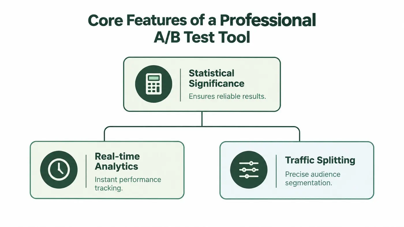 A diagram outlining the core features of a professional A/B test tool, including statistical significance, analytics, and traffic splitting.