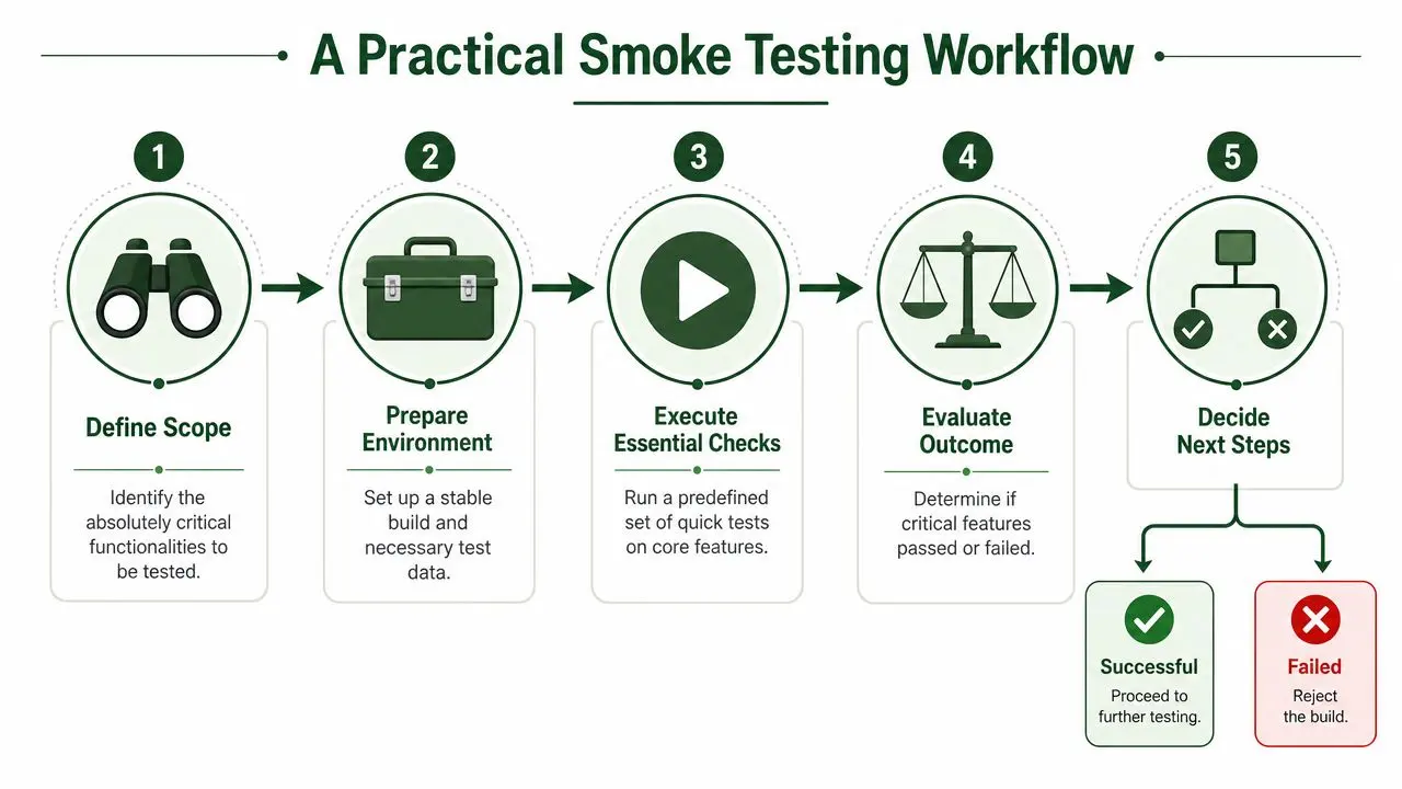 A five-step flowchart illustrating a practical smoke testing workflow for software development and quality assurance processes.