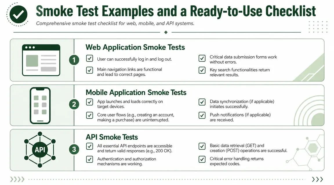 A comprehensive checklist for performing smoke tests on web, mobile, and API software systems.
