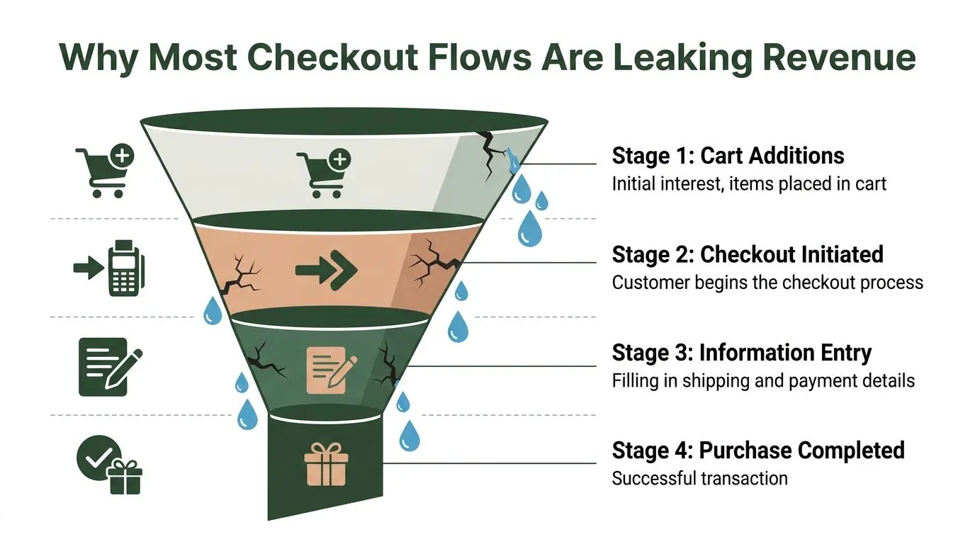 A funnel diagram illustrating how e-commerce checkout flows lose potential customers at various stages of purchase.