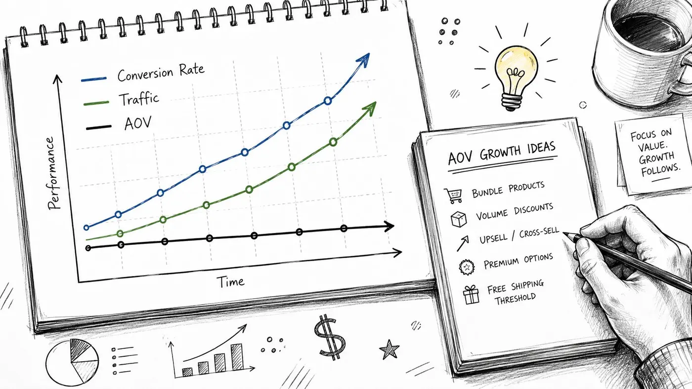 A hand writes business strategies for increasing average order value on a notebook beside a performance graph.