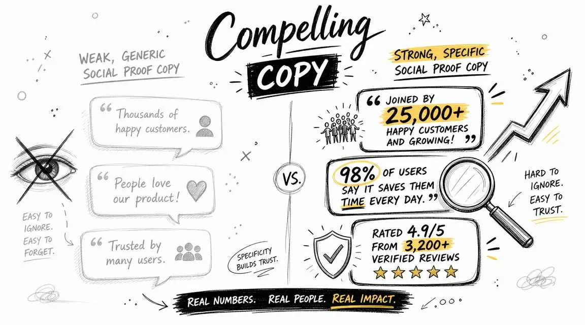 A diagram comparing weak generic social proof copy versus strong specific social proof copy with examples.