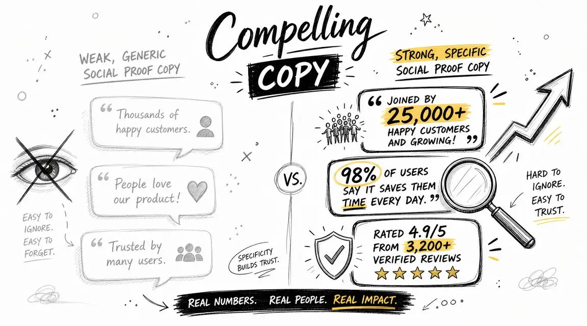 A diagram comparing weak generic social proof copy versus strong specific social proof copy with examples.