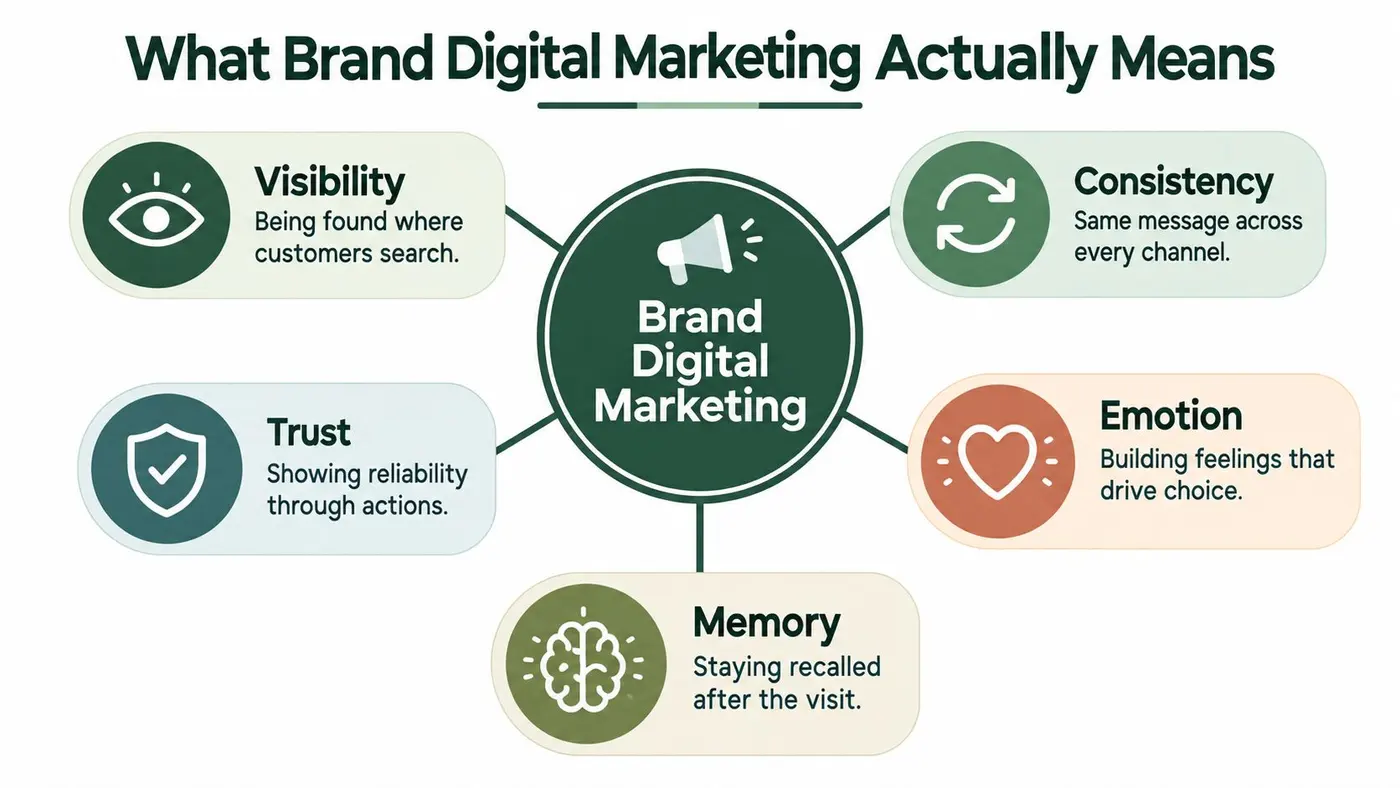 A diagram illustrating the five core components of brand digital marketing: visibility, consistency, trust, emotion, and memory.