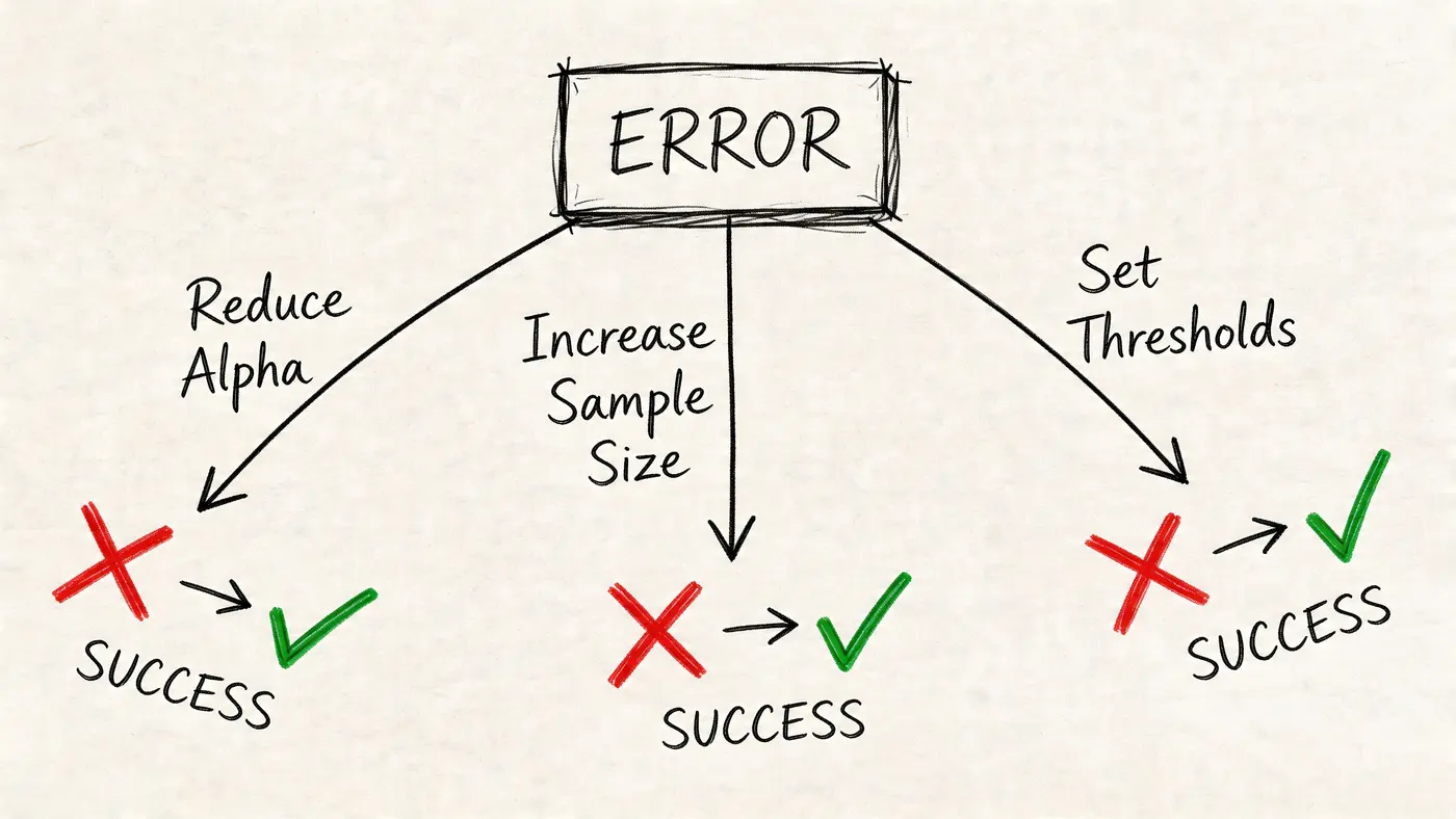 A hand-drawn diagram illustrating three methods to reduce statistical errors: Reduce Alpha, Increase Sample Size, and Set Thresholds.