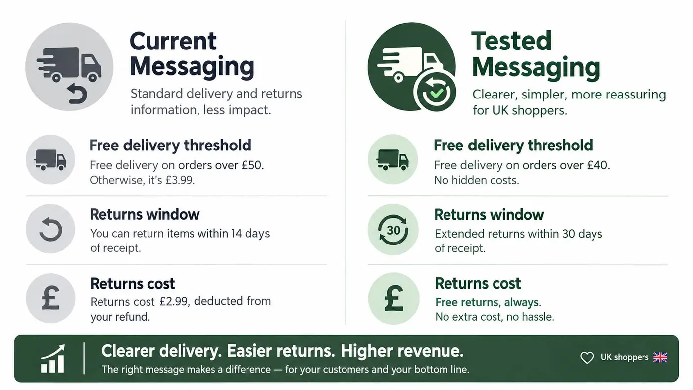 A comparison table contrasting current delivery and returns policies with tested improvements for UK e-commerce customers.