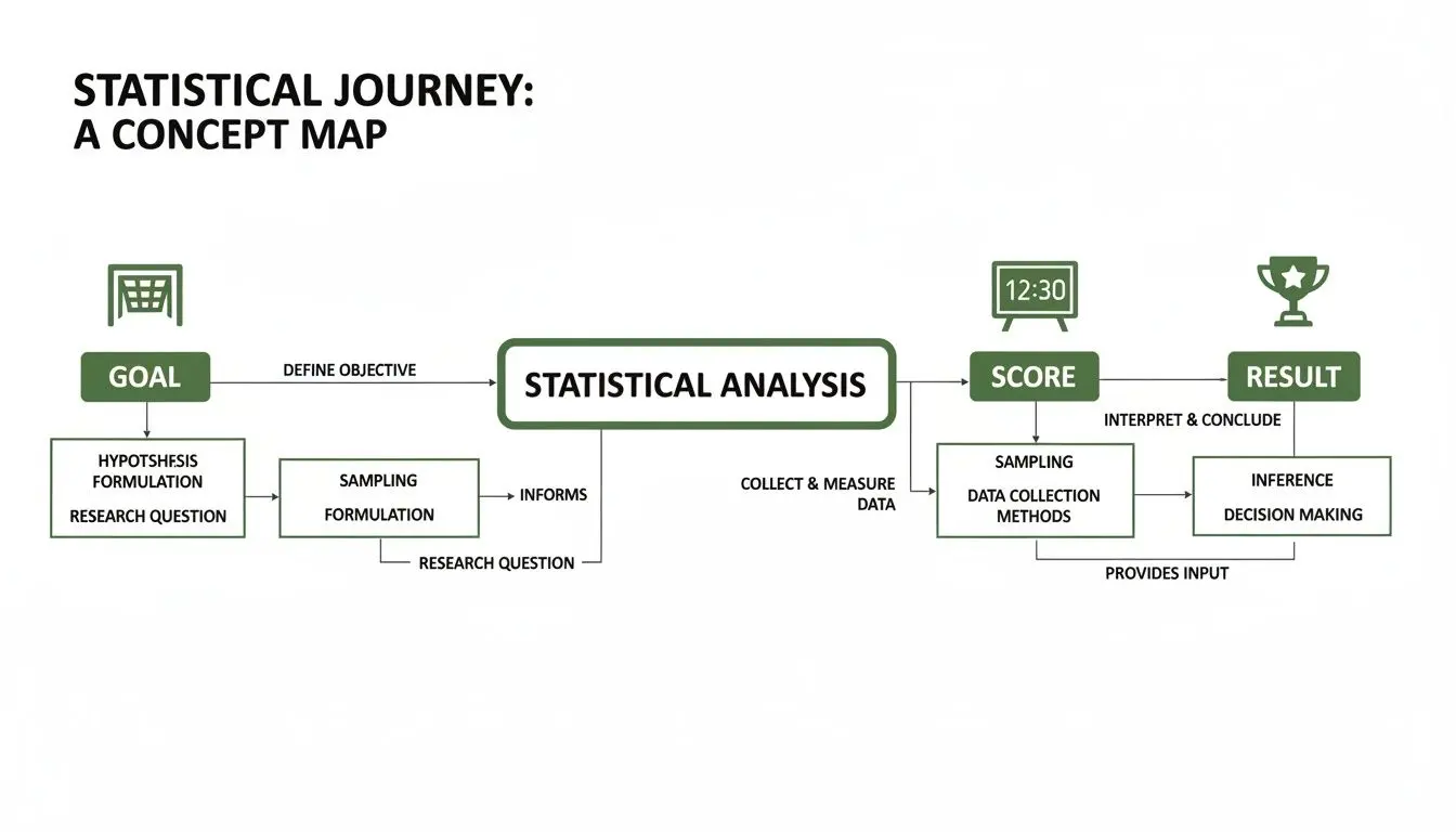 A concept map titled 'Statistical Journey' outlining the process from defining goals to interpreting results.