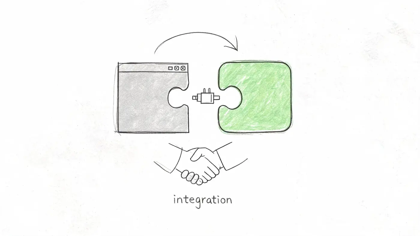 A hand-drawn illustration showing a computer window and a green puzzle piece connecting with a plug.