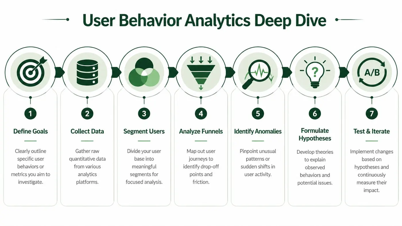 An infographic showing the seven-step process for conducting a user behavior analytics deep dive analysis.