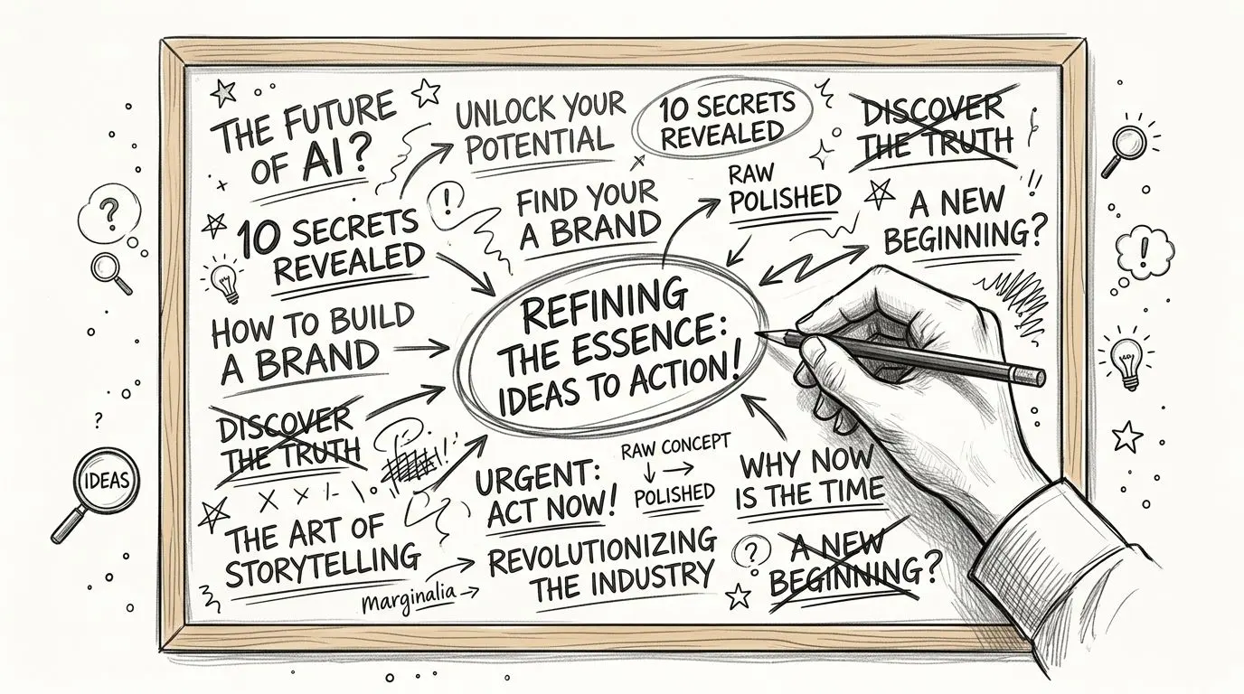 A hand drawing a brainstorm diagram titled Refining The Essence with various business development conceptual themes.