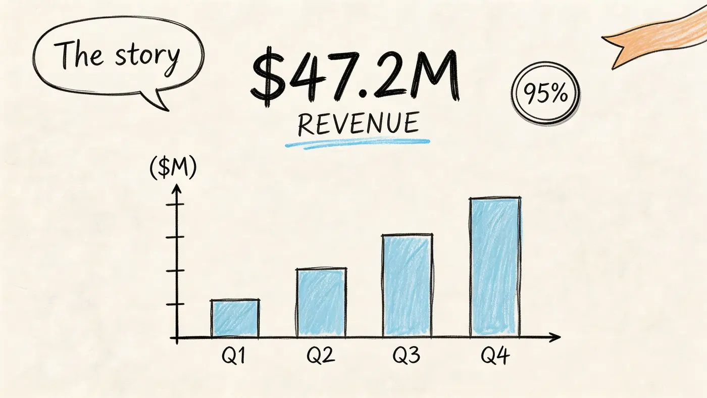 A hand-drawn bar chart showing increasing quarterly business revenue totaling 47.2 million dollars.