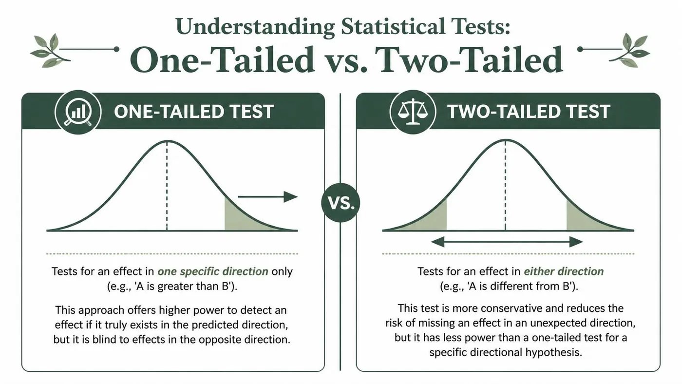 A comparison infographic showing the difference between one-tailed and two-tailed statistical tests using normal distribution graphs.