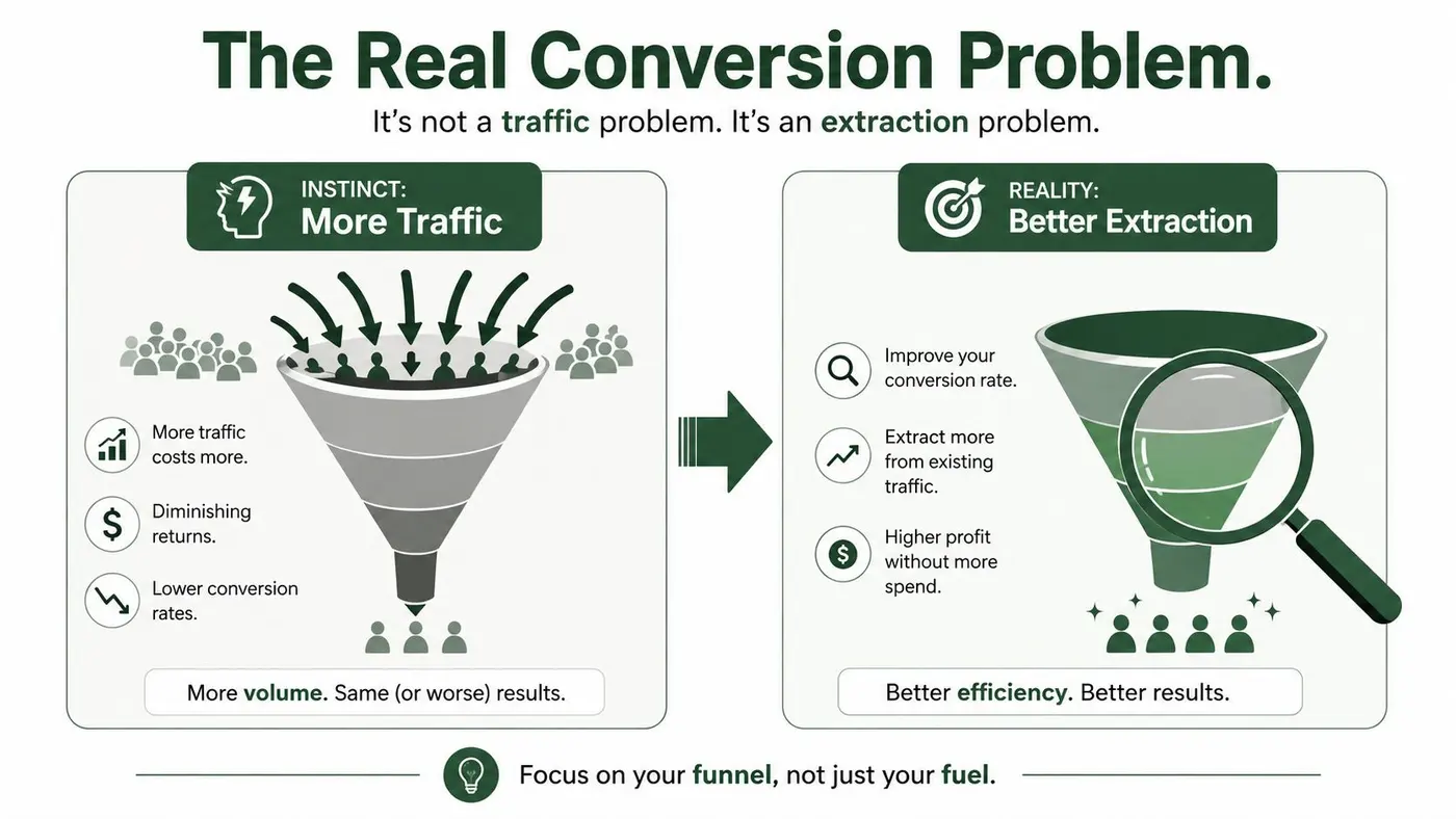 A diagram comparing the ineffective strategy of increasing traffic with the efficient strategy of optimizing conversion funnels.