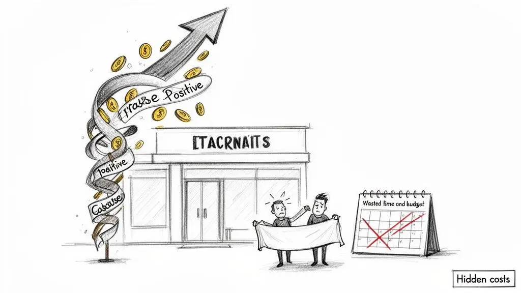 Cartoon contrasts positive business growth (money, arrow) with hidden costs, wasted time, budget, and frustrated team.