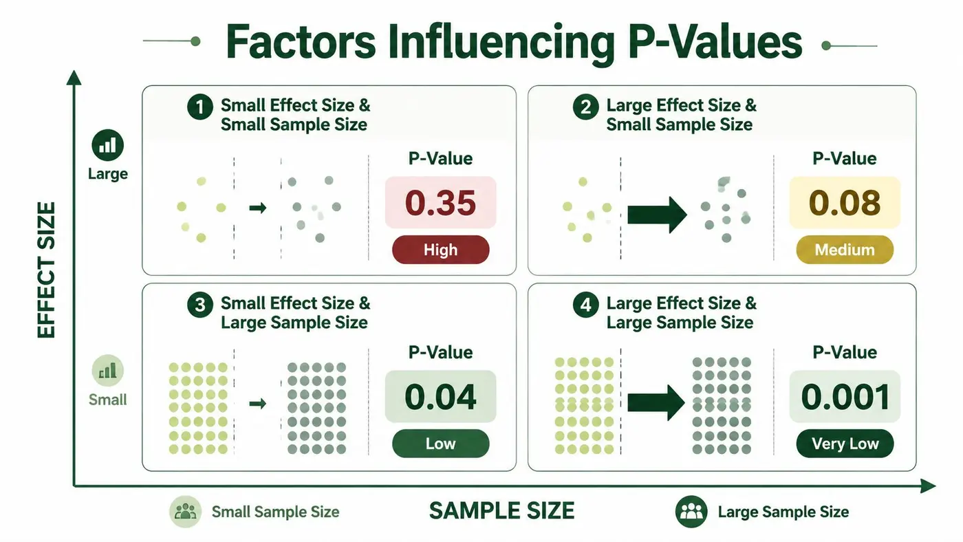 A diagram explaining how effect size and sample size influence statistical p-values in research studies.