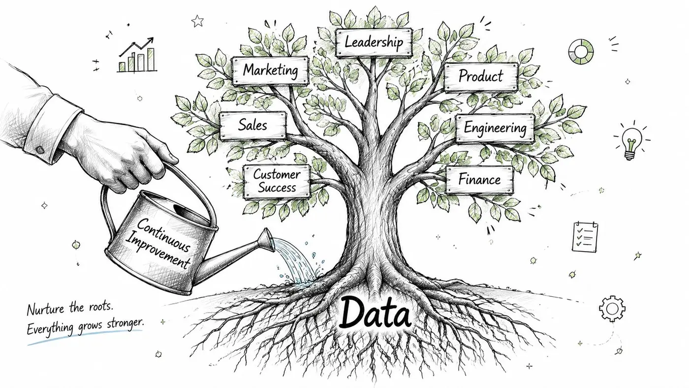 A hand watering a tree with Data roots, representing continuous improvement in various business departments.