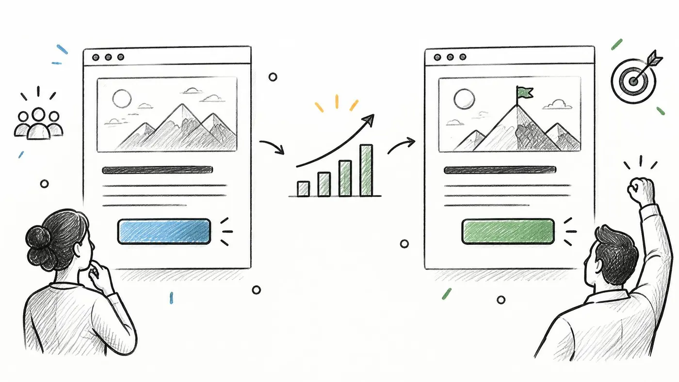 A pencil sketch illustration showing the B2C lead generation process with website analysis and improvement leading to goals.