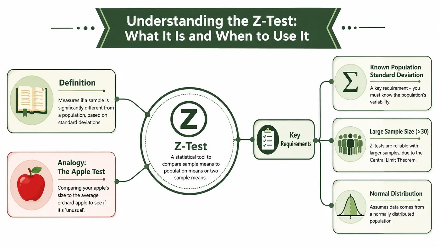 An infographic explaining the Z-test in statistics, detailing its definition, analogy, and three main requirements.