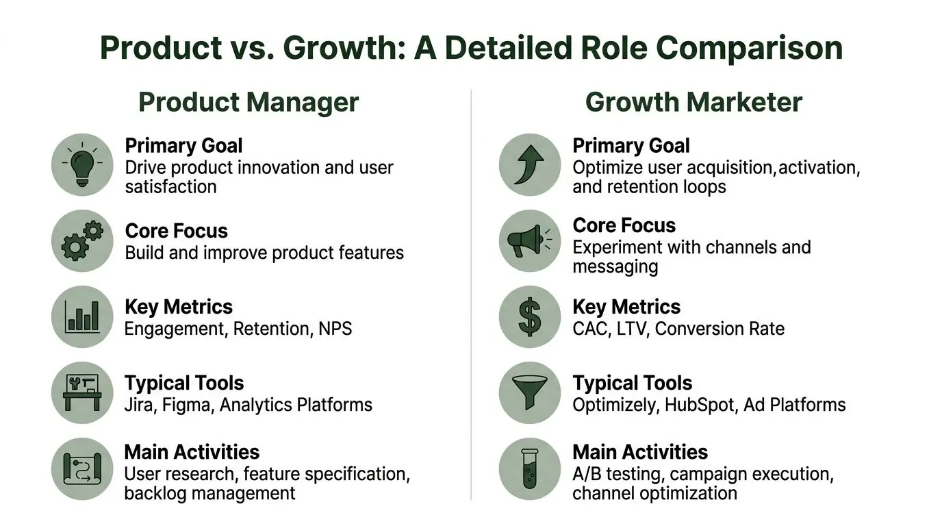 A comparison chart outlining the key differences between a Product Manager and a Growth Marketer roles.