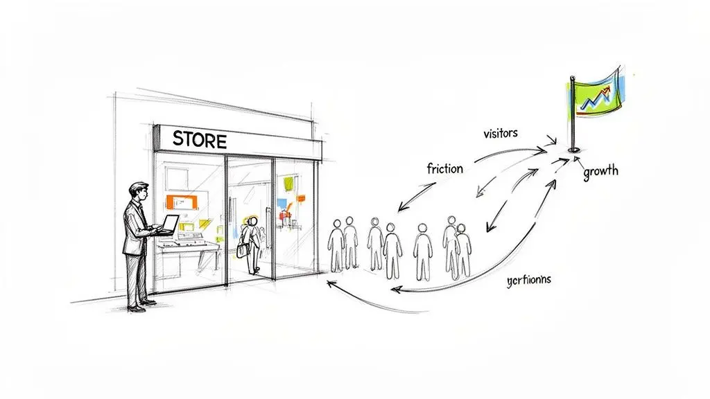 Sketch of a store and customer journey showing visitors, friction, and growth, with arrows depicting user flow.