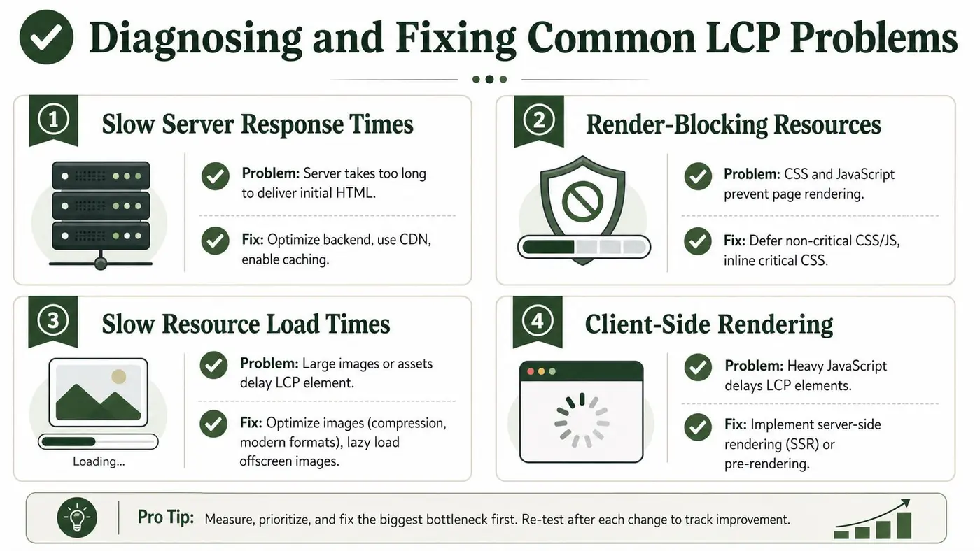 An infographic showing four common causes and solutions for slow largest contentful paint performance issues.