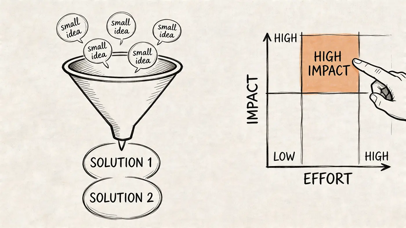 A hand-drawn illustration showing a funnel filtering ideas into solutions next to an impact-effort prioritization matrix.