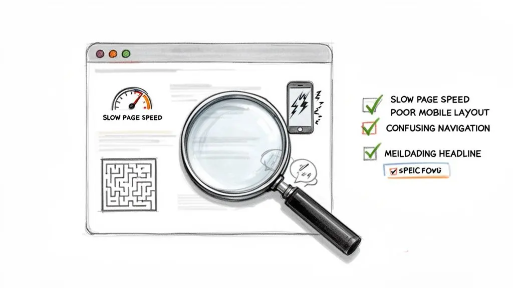 Magnifying glass examining a website with slow page speed, poor mobile layout, and confusing navigation issues.
