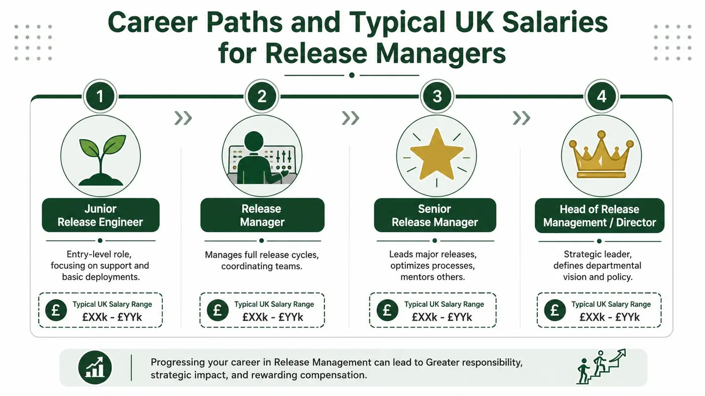 A diagram illustrating career paths, roles, and progression for Release Managers in the United Kingdom.