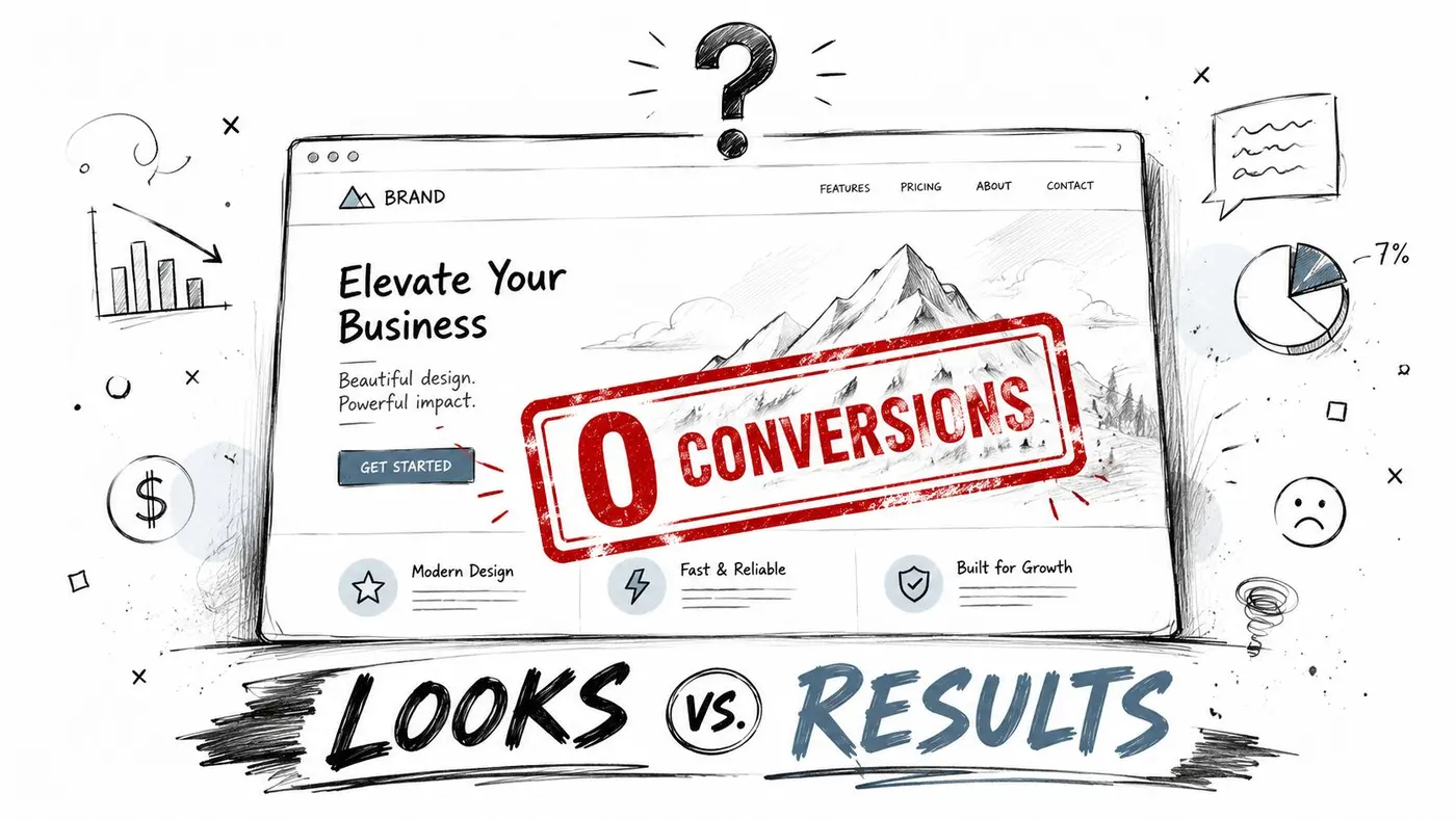 A hand-drawn sketch illustration of a website landing page marked with a large zero conversions stamp.