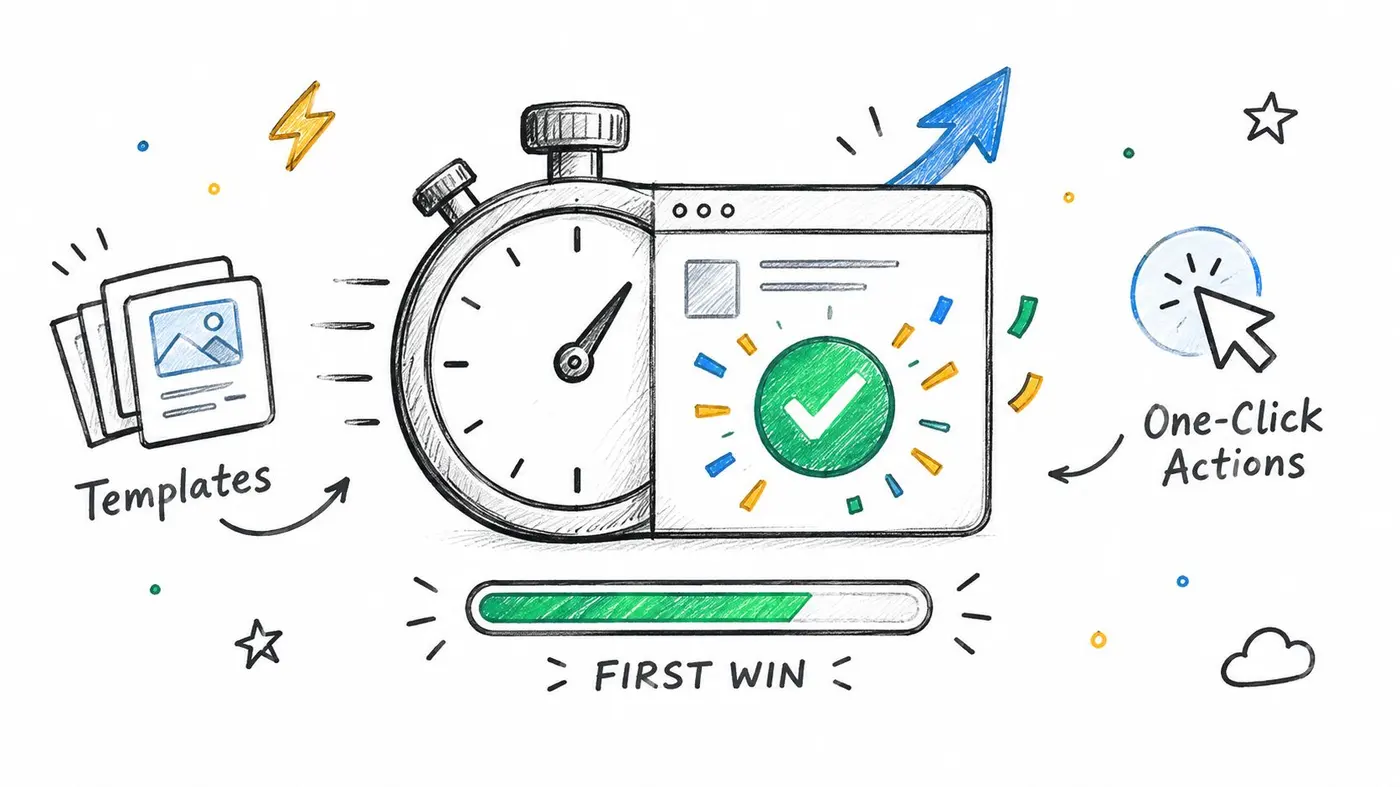 A hand-drawn illustration showing templates, a stopwatch, a green checkmark, and one-click actions for software onboarding.
