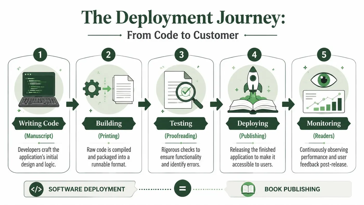 An infographic illustrating the software deployment journey compared to the stages of book publishing.