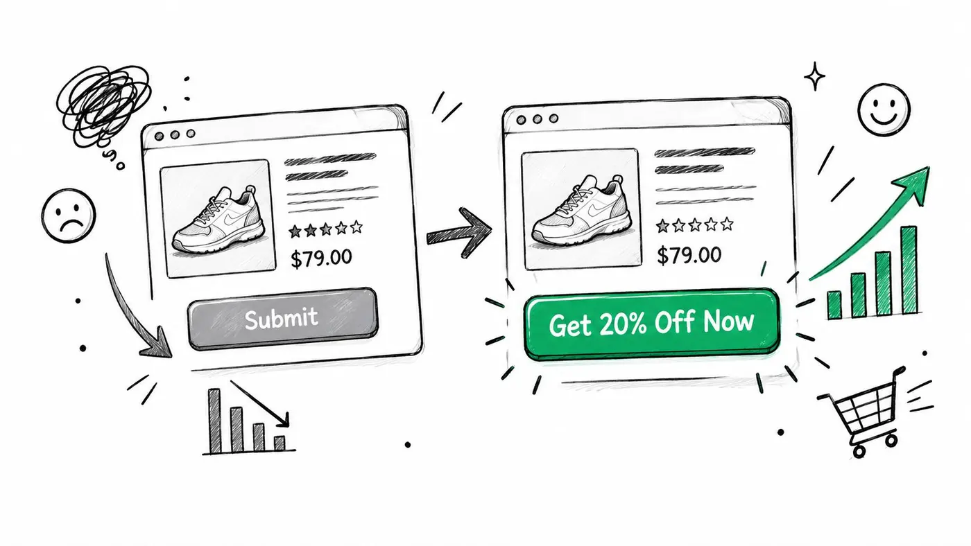 A conceptual illustration comparing low conversion landing page with Submit button to high conversion page with discount.