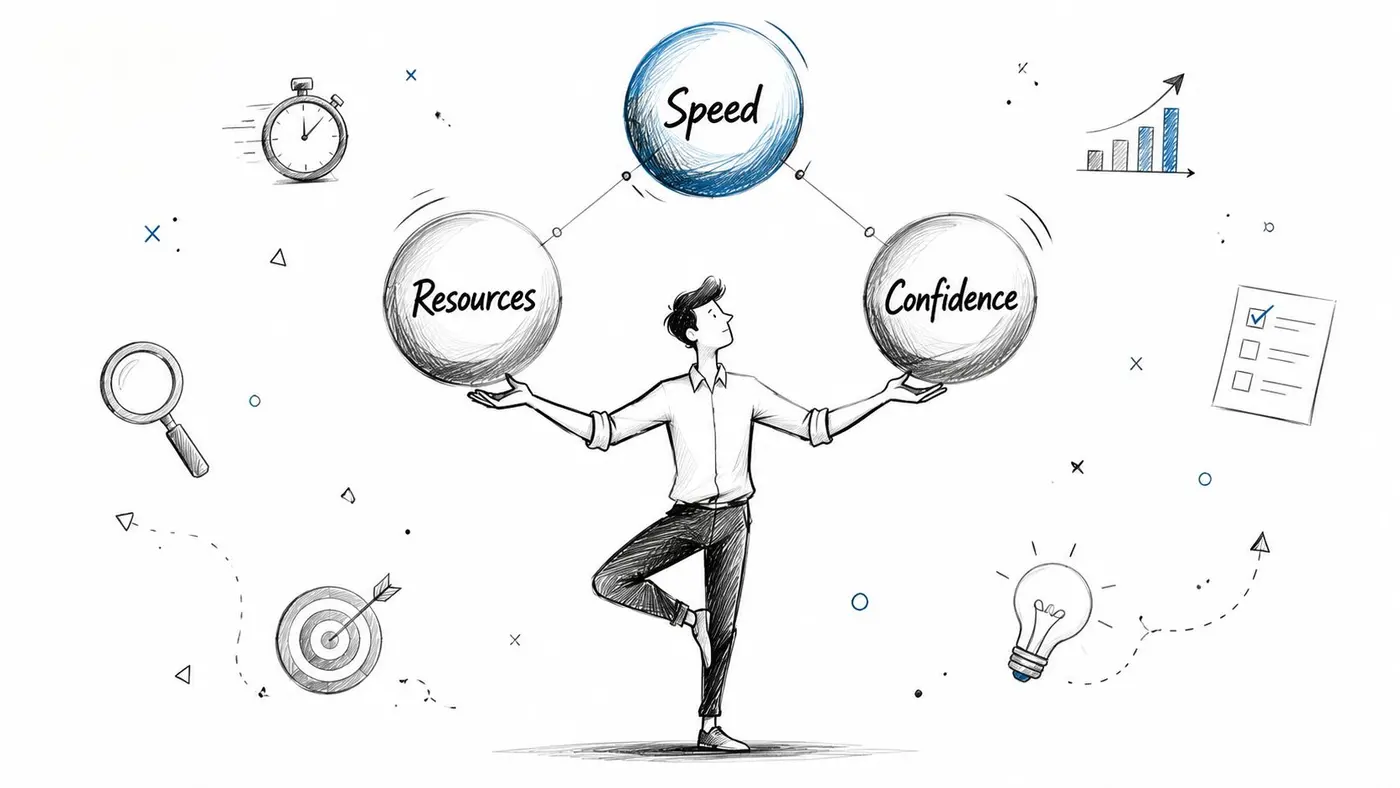 A sketched illustration of a businessman balancing resources and confidence to achieve speed in business productivity.