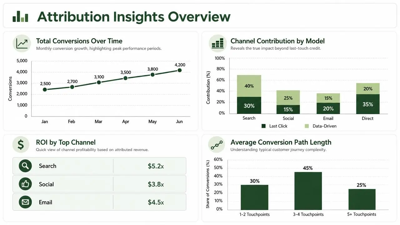 A dashboard titled Attribution Insights Overview showing conversion growth, channel contribution, ROI by channel, and path length.