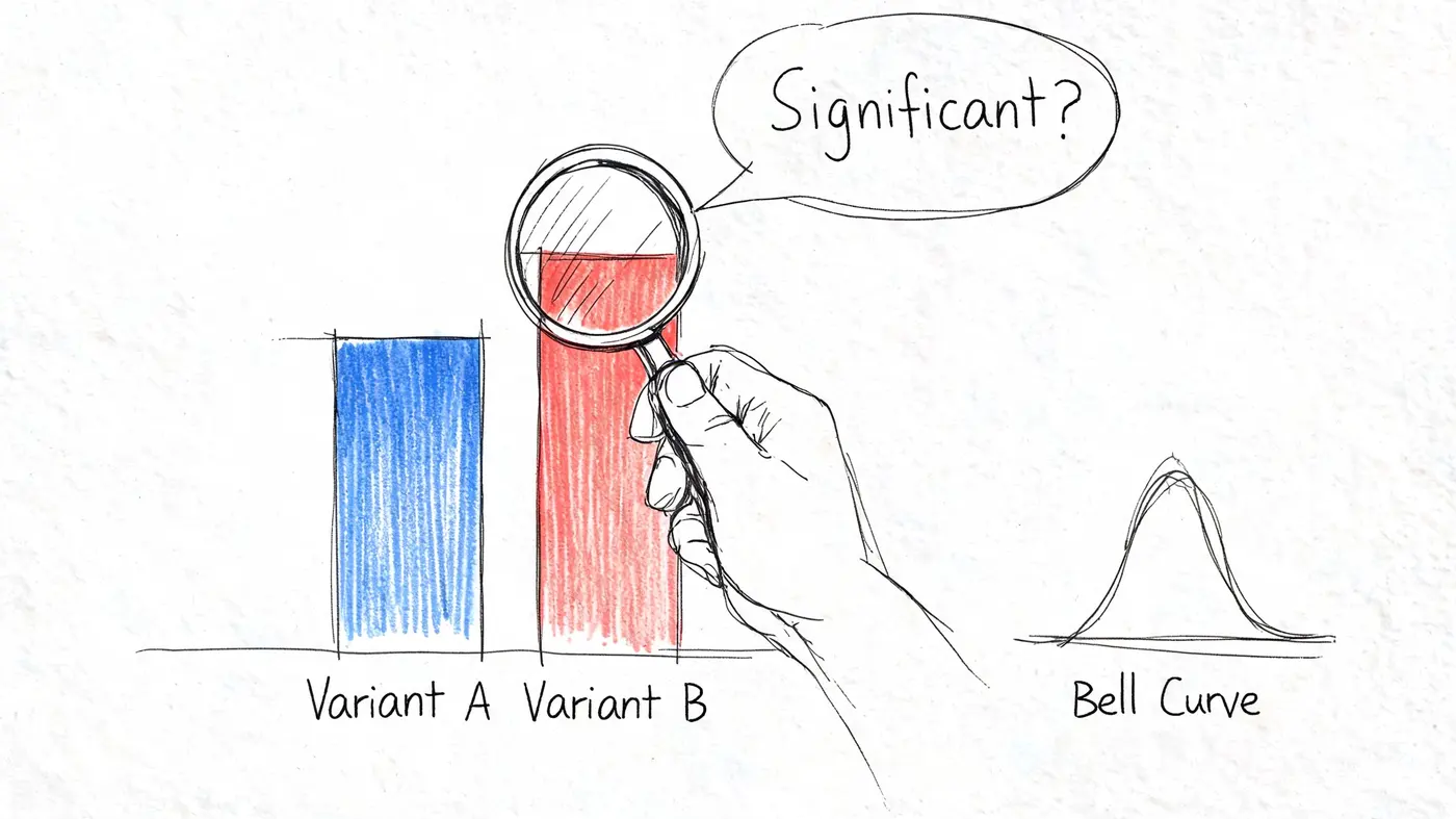 A hand holding a magnifying glass over a bar graph to determine statistical significance of conversion rates.