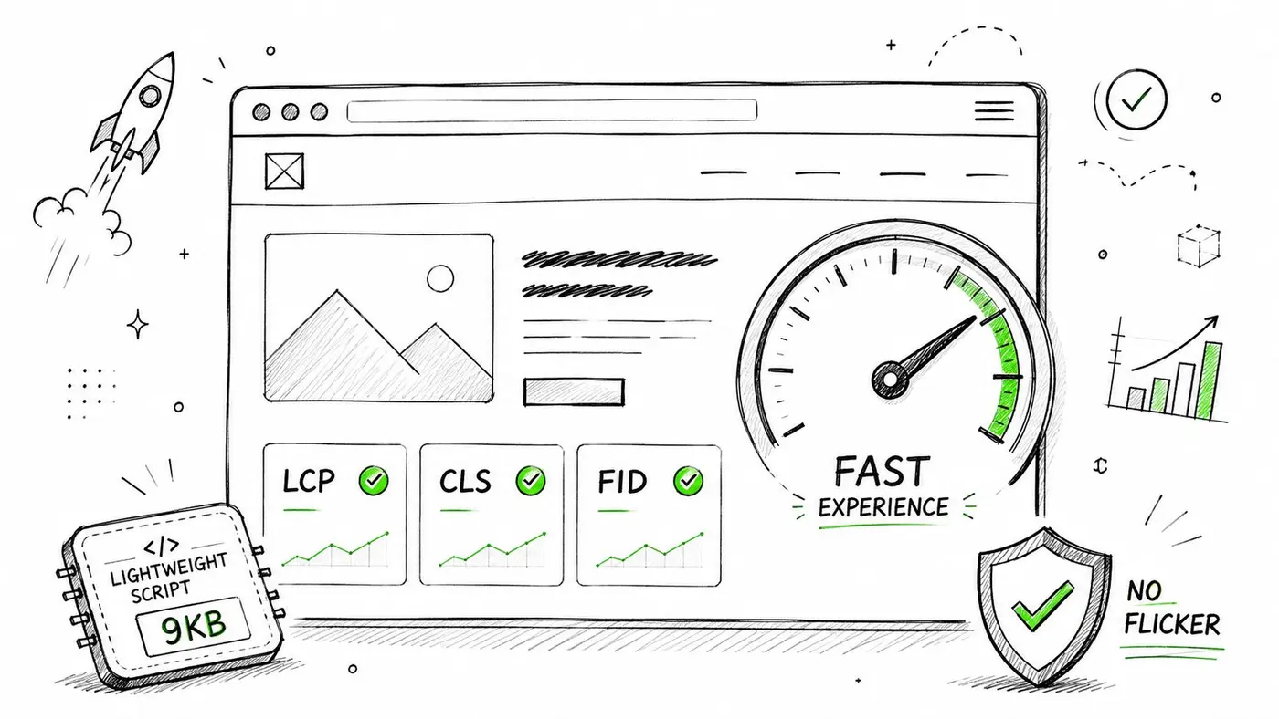 A hand-drawn illustration showing website performance metrics, including LCP, CLS, FID, and a speed gauge representing fast experience.