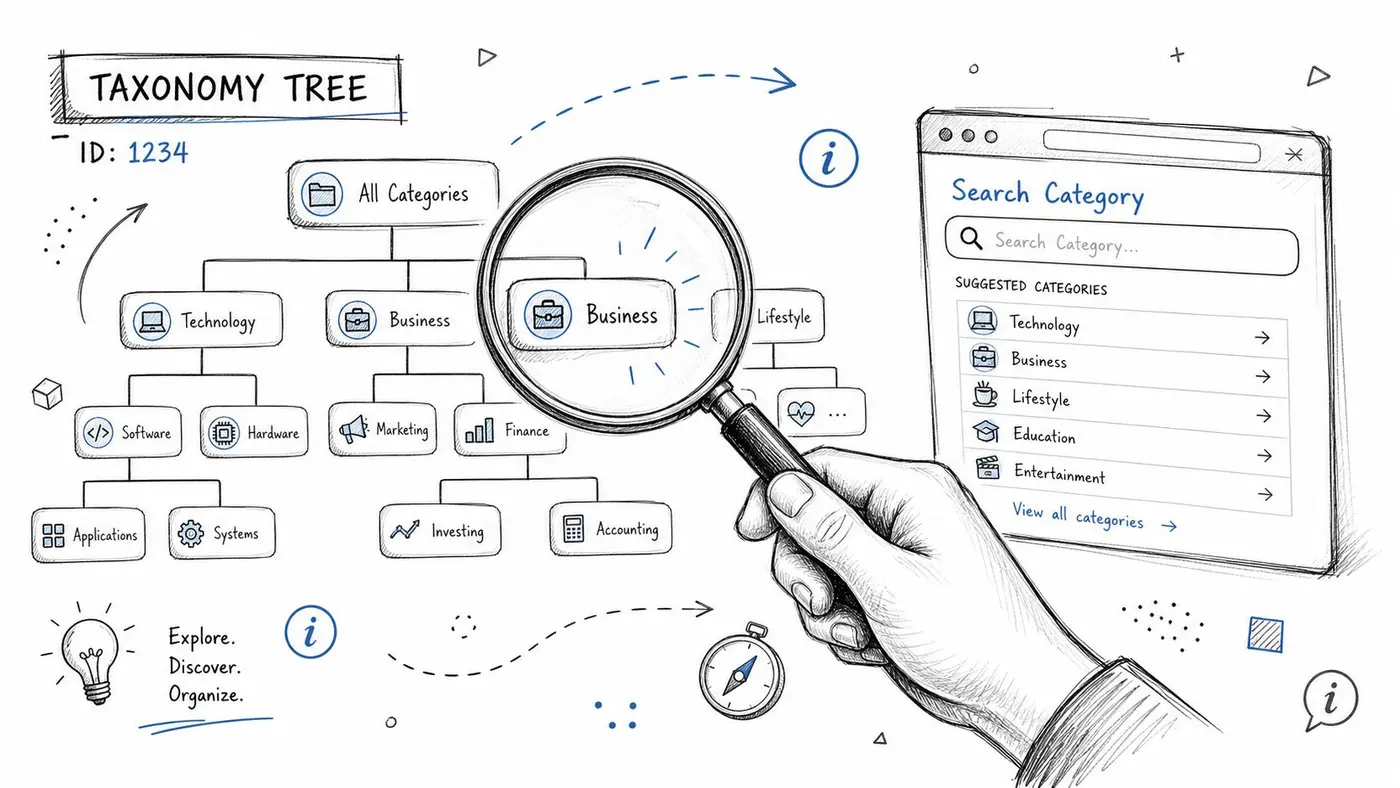 A hand holding a magnifying glass over a hand-drawn taxonomy tree chart for website categorization.