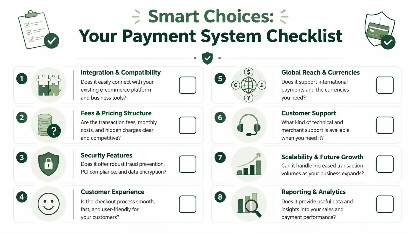 An infographic checklist for businesses evaluating essential features to consider when selecting an online payment system.