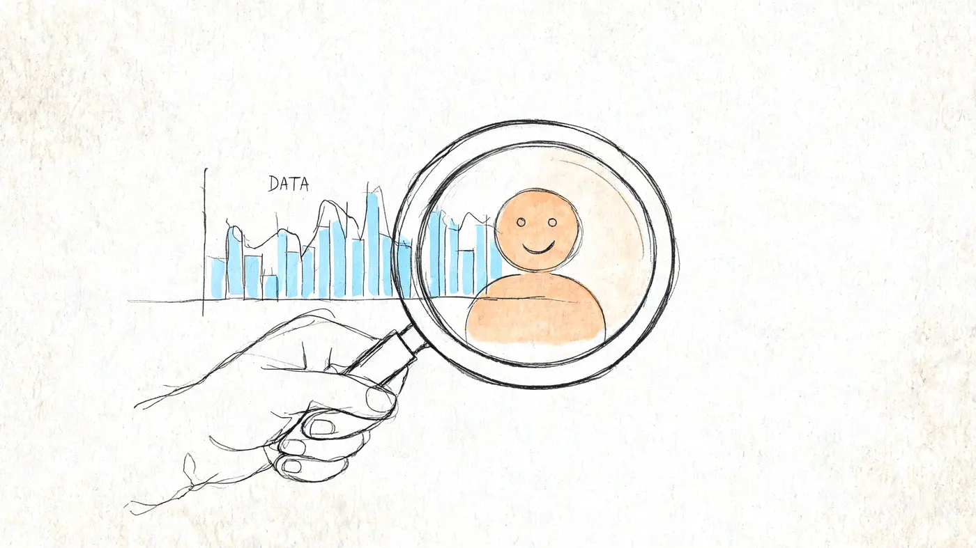A hand holding a magnifying glass to focus on a happy person figure next to a data graph.