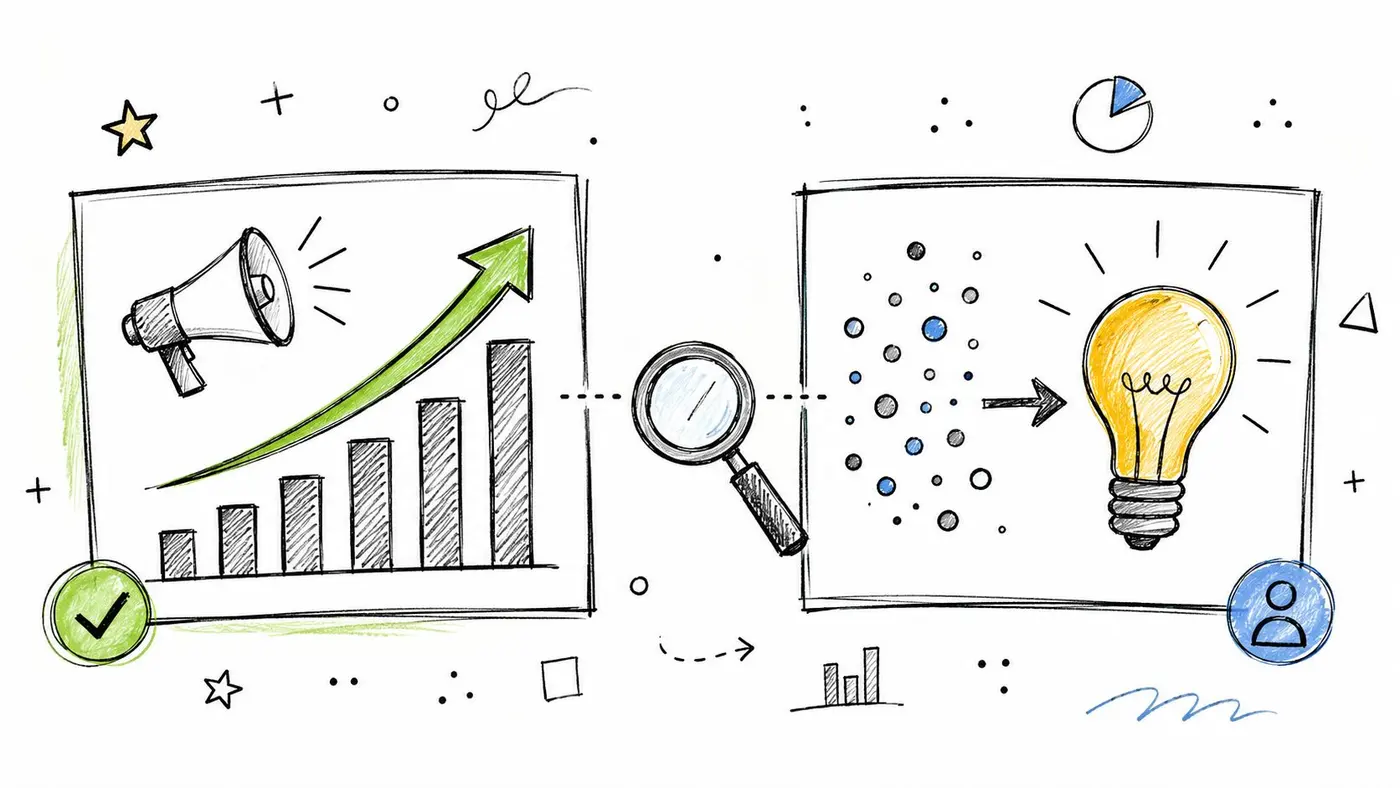 A hand-drawn illustration showing marketing growth represented by a megaphone and bar chart leading to business insights.