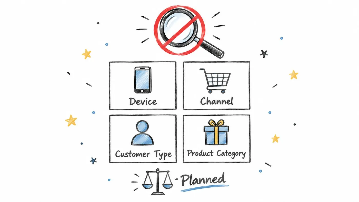 A diagram illustrating factors for AOV testing including device, channel, customer type, and product category.