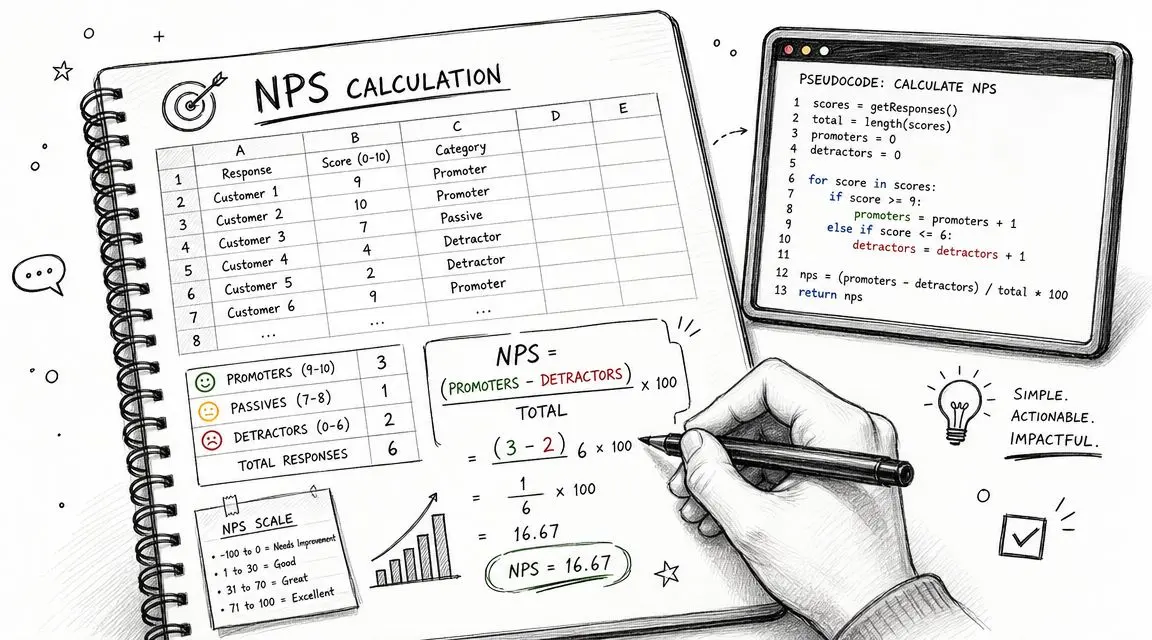 A hand-drawn illustration showing the calculation of Net Promoter Score with a table, pseudocode, and formula.