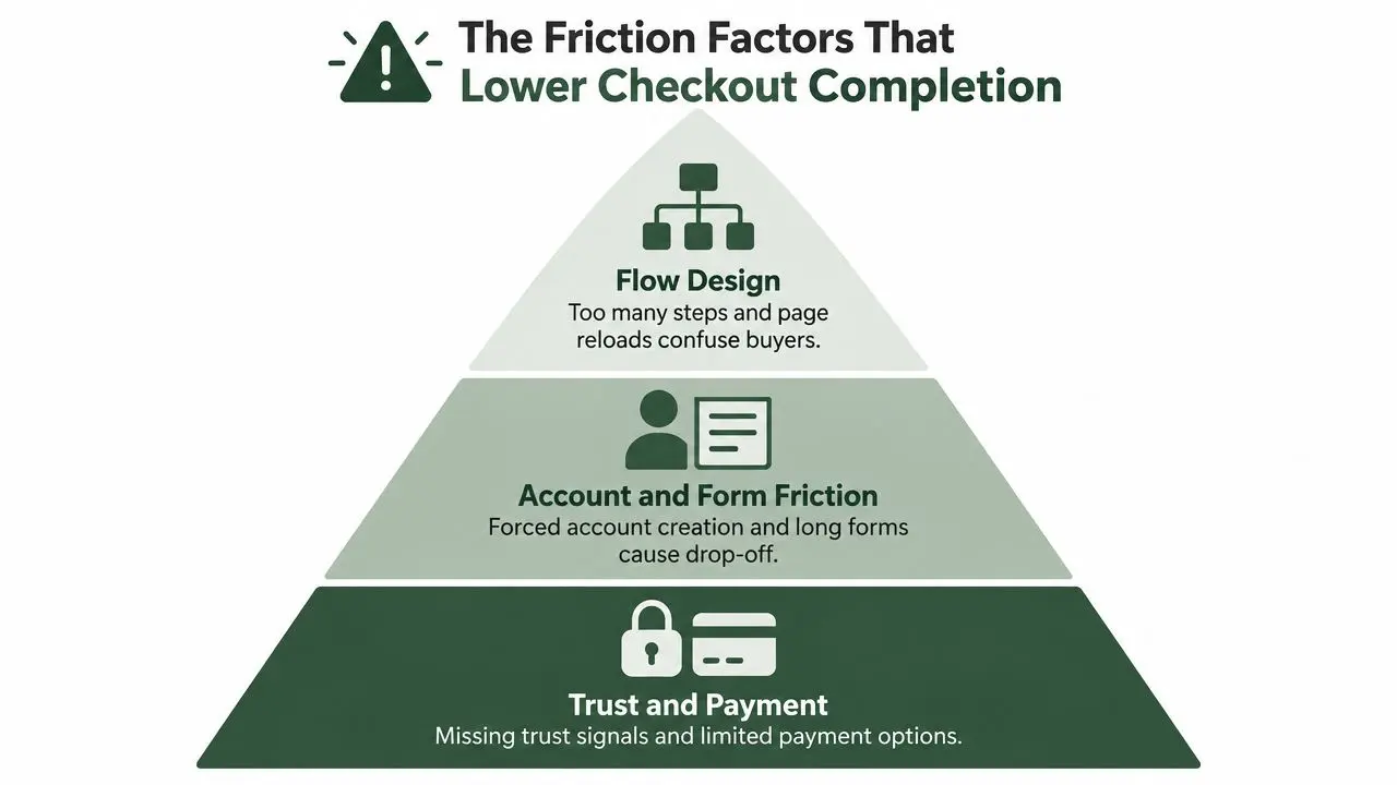 A pyramid diagram displaying three key friction factors that negatively impact online checkout completion rates.