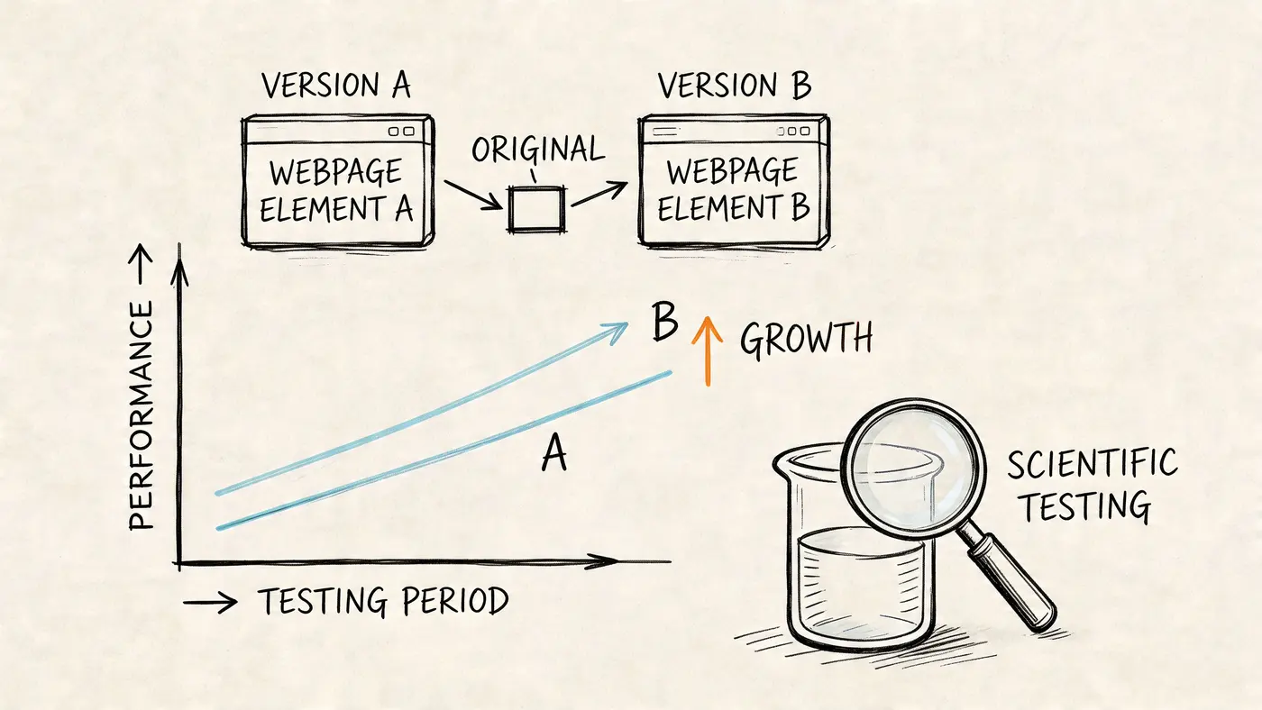 A diagram illustrating A/B testing comparing two webpage elements and their performance growth over a testing period.