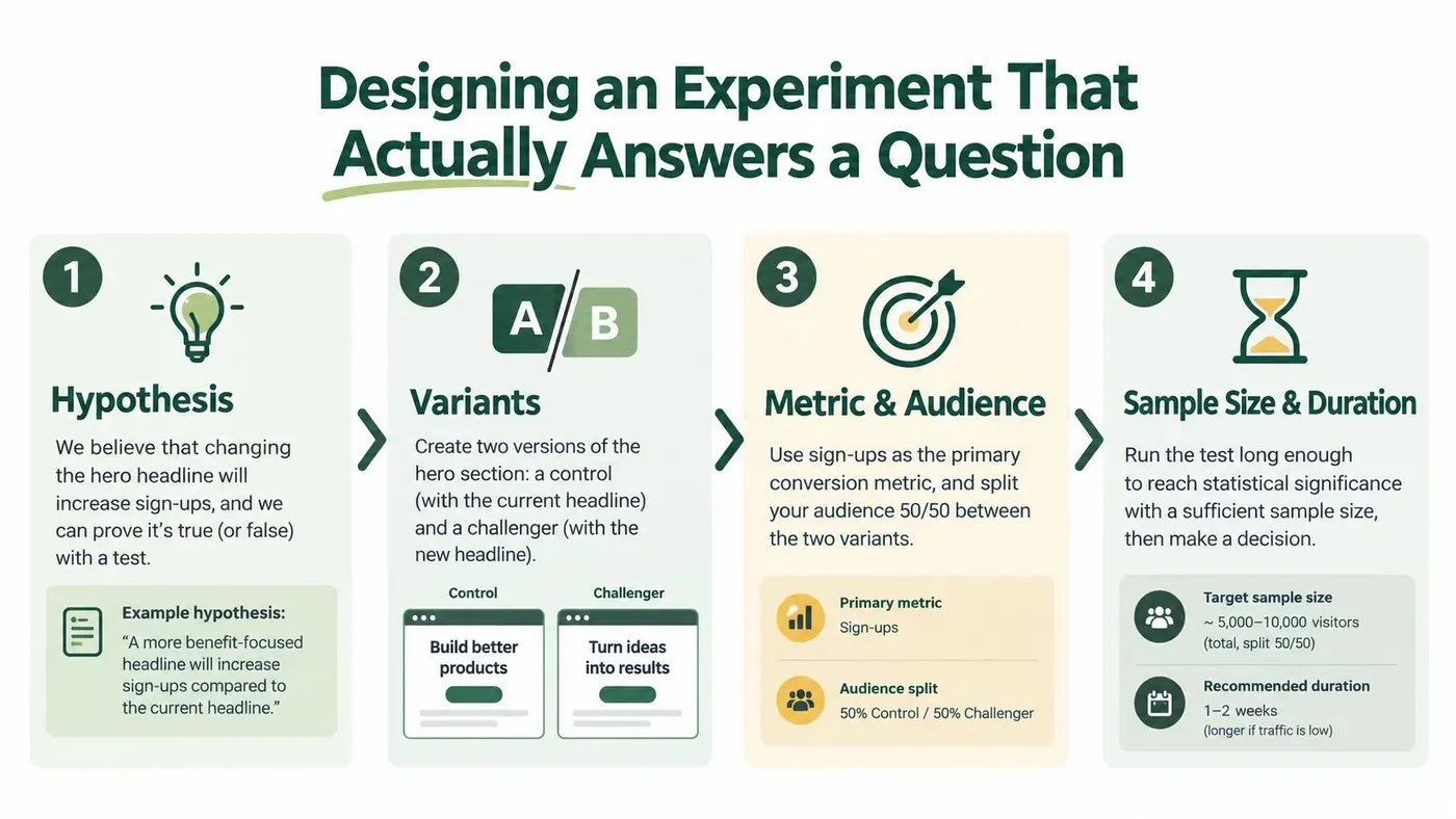 An infographic showing four steps for designing an A/B marketing experiment to improve website conversion rates.